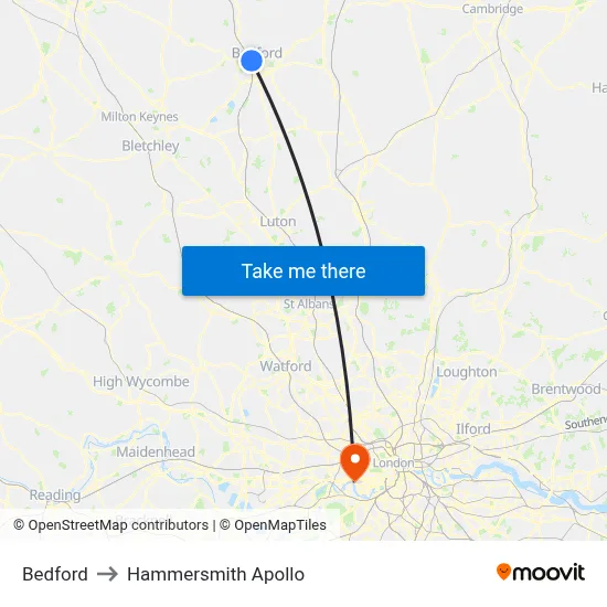 Bedford to Hammersmith Apollo map