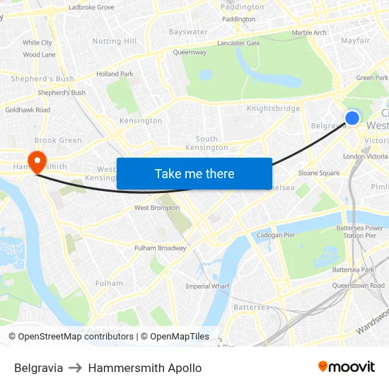 Belgravia to Hammersmith Apollo map