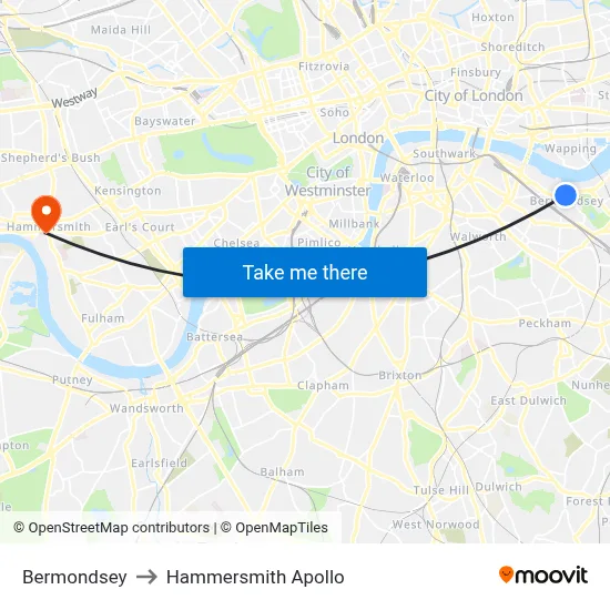Bermondsey to Hammersmith Apollo map