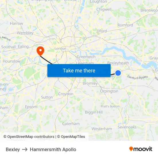 Bexley to Hammersmith Apollo map