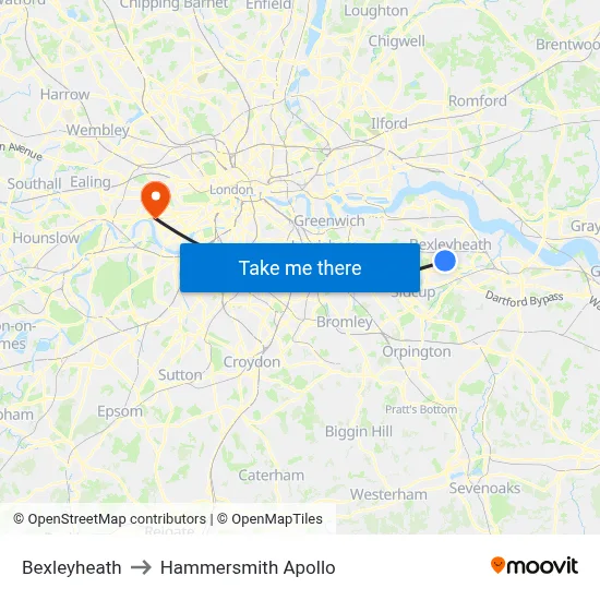 Bexleyheath to Hammersmith Apollo map