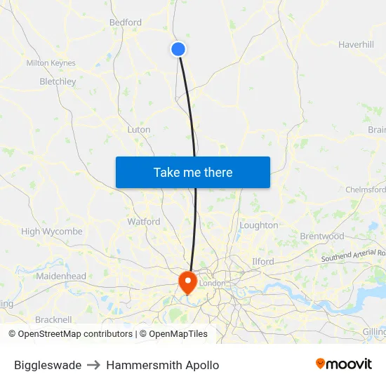 Biggleswade to Hammersmith Apollo map