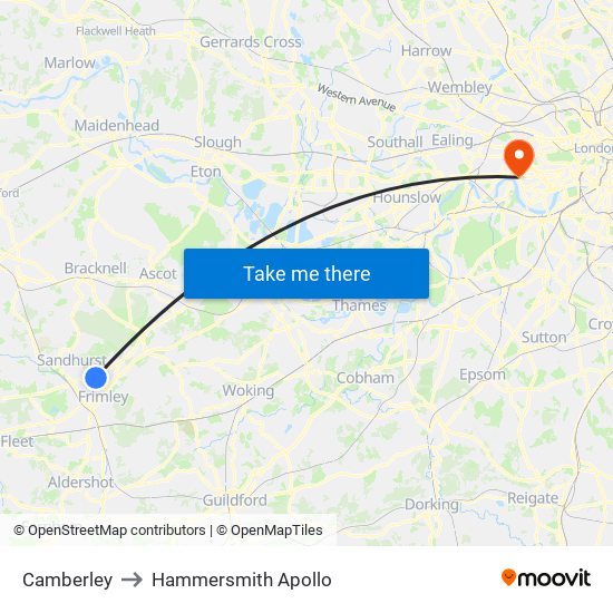 Camberley to Hammersmith Apollo map