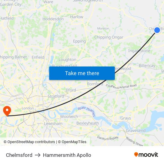 Chelmsford to Hammersmith Apollo map