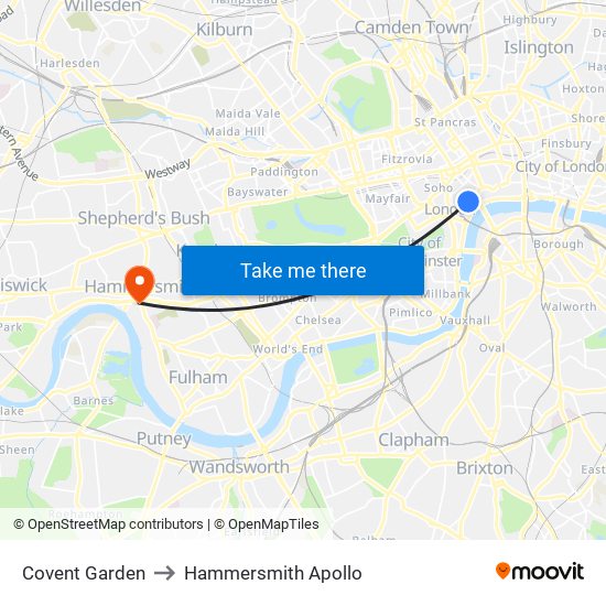 Covent Garden to Hammersmith Apollo map