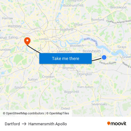 Dartford to Hammersmith Apollo map