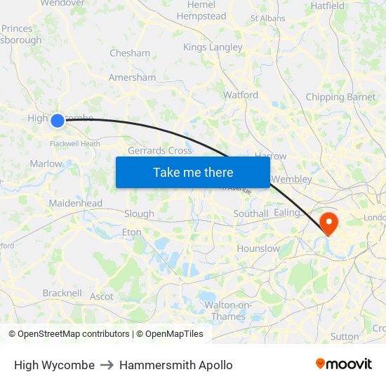 High Wycombe to Hammersmith Apollo map