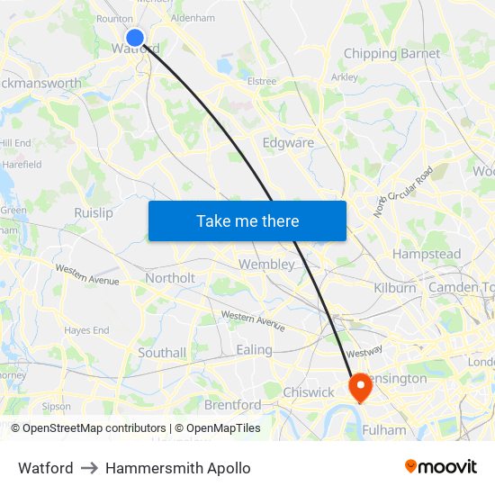 Watford to Hammersmith Apollo map