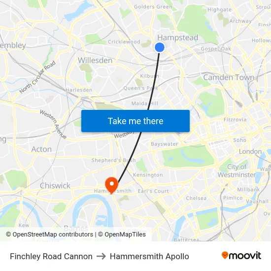 Finchley Road Cannon to Hammersmith Apollo map