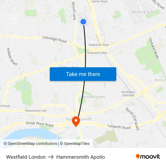 Westfield London to Hammersmith Apollo map