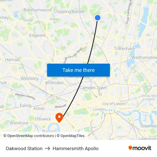 Oakwood Station to Hammersmith Apollo map