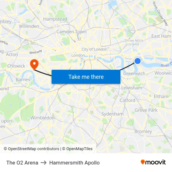 The O2 Arena to Hammersmith Apollo map