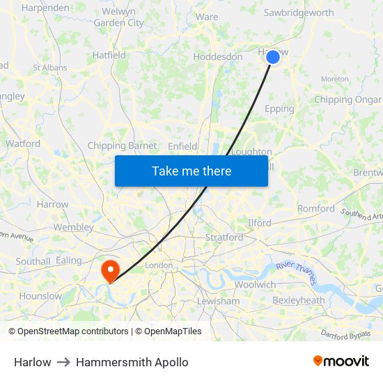 Harlow to Hammersmith Apollo map