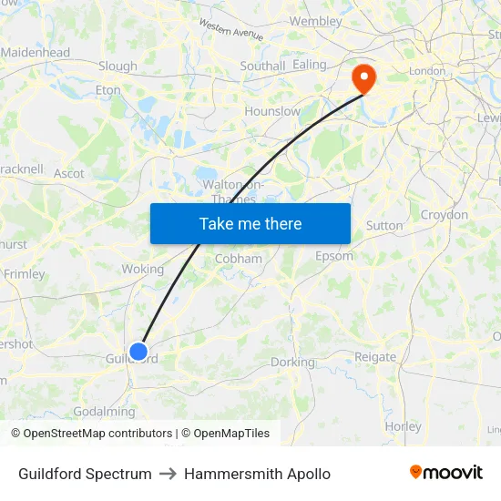 Guildford Spectrum to Hammersmith Apollo map