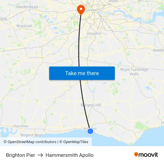 Brighton Pier to Hammersmith Apollo map