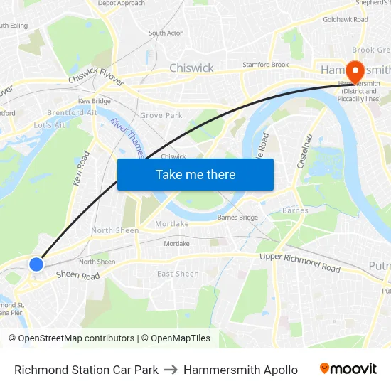 Richmond Station Car Park to Hammersmith Apollo map