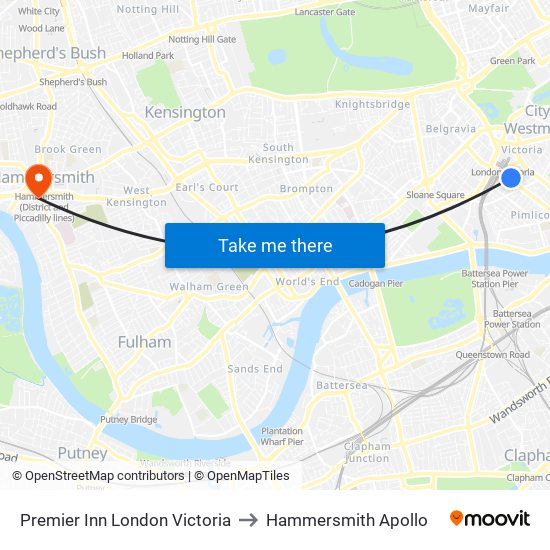 Premier Inn London Victoria to Hammersmith Apollo map