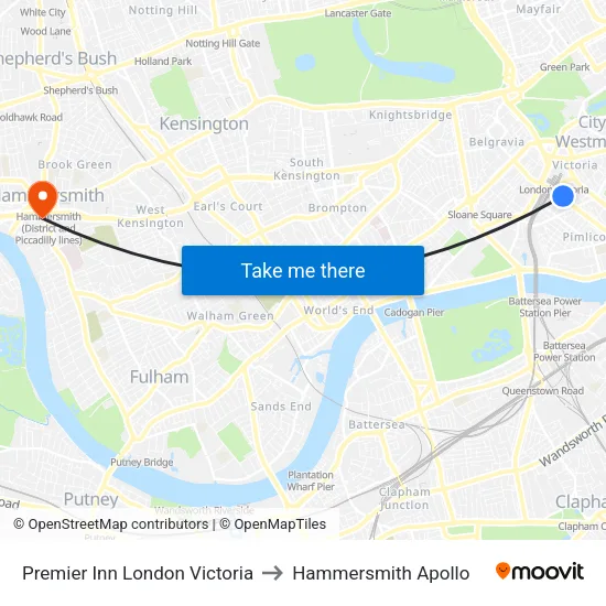 Premier Inn London Victoria to Hammersmith Apollo map