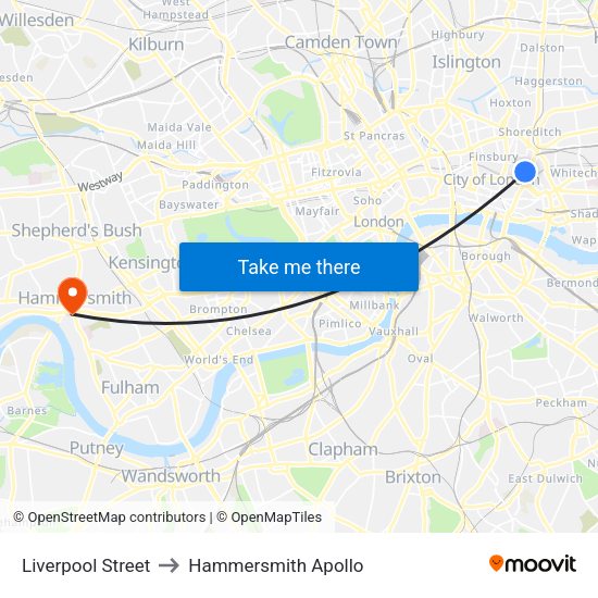 Liverpool Street to Hammersmith Apollo map