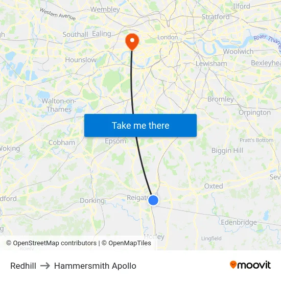 Redhill to Hammersmith Apollo map