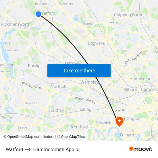 Watford to Hammersmith Apollo map