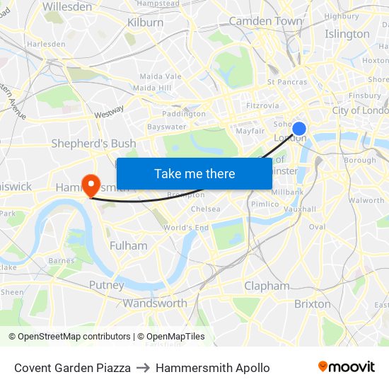 Covent Garden Piazza to Hammersmith Apollo map
