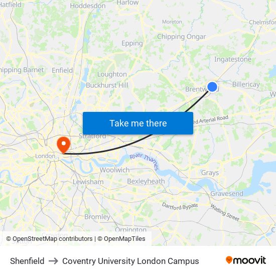 Shenfield to Coventry University London Campus map