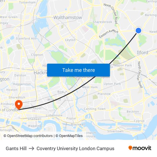 Gants Hill to Coventry University London Campus map