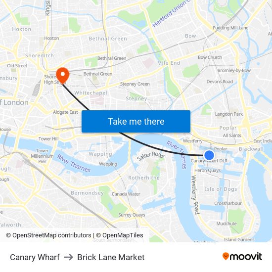 Canary Wharf to Brick Lane Market map