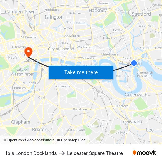 Ibis London Docklands to Leicester Square Theatre map