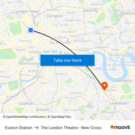 Euston Station to The London Theatre - New Cross map