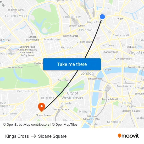 Kings Cross to Sloane Square map
