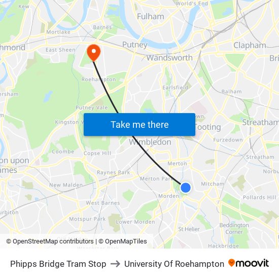 Phipps Bridge Tram Stop to University Of Roehampton map