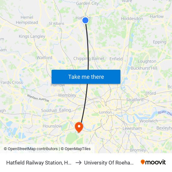 Hatfield Railway Station, Hatfield to University Of Roehampton map