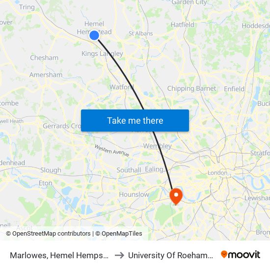 Marlowes, Hemel Hempstead to University Of Roehampton map