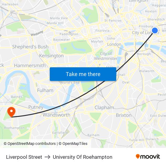 Liverpool Street to University Of Roehampton map
