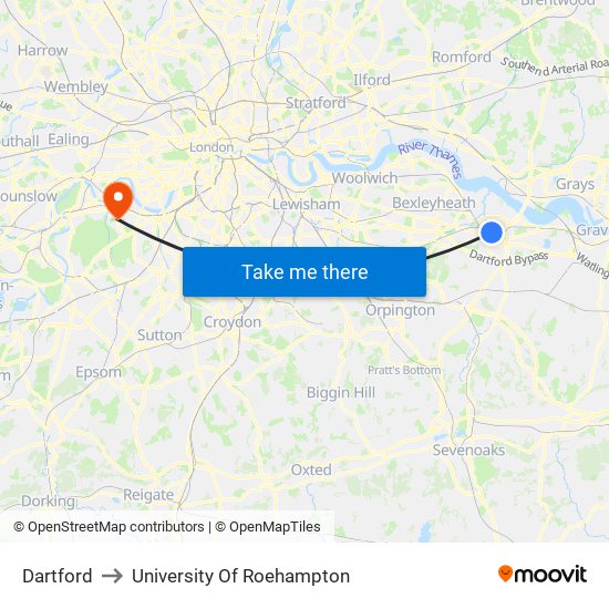 Dartford to University Of Roehampton map