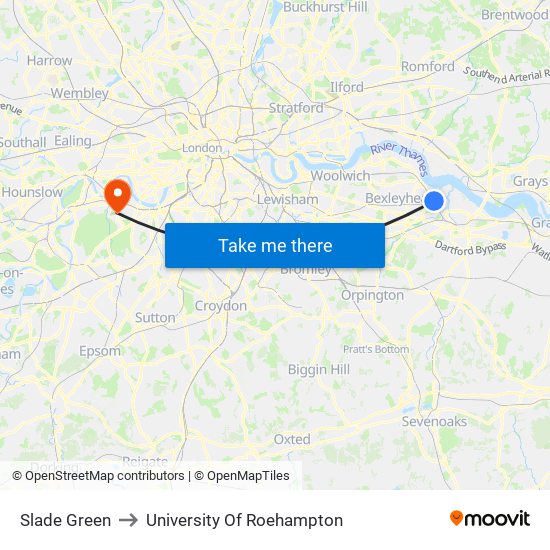 Slade Green to University Of Roehampton map