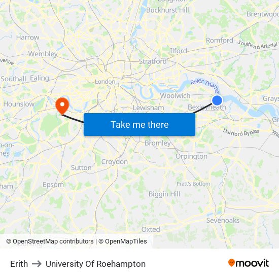 Erith to University Of Roehampton map