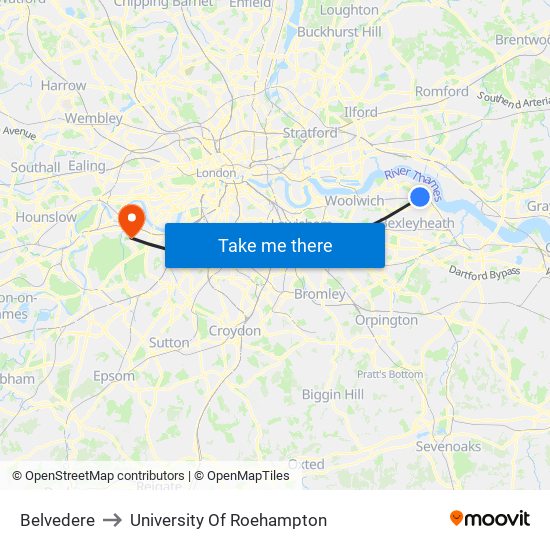 Belvedere to University Of Roehampton map