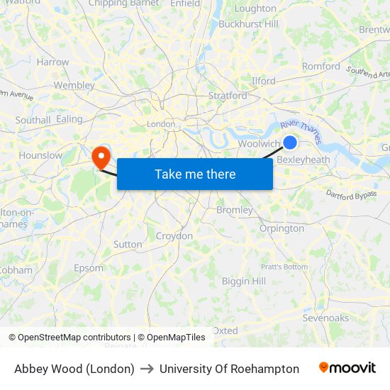 Abbey Wood (London) to University Of Roehampton map