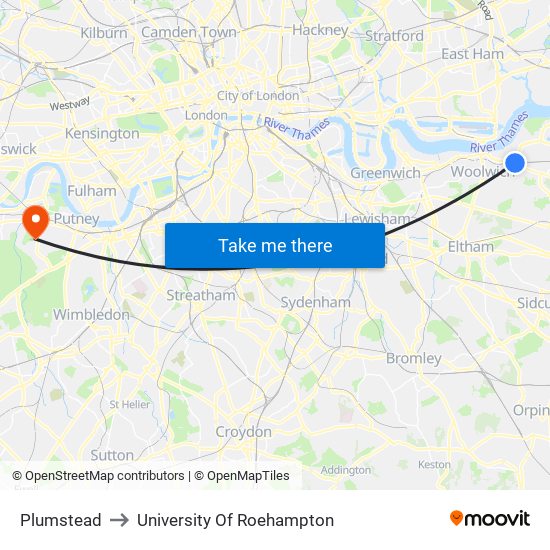 Plumstead to University Of Roehampton map