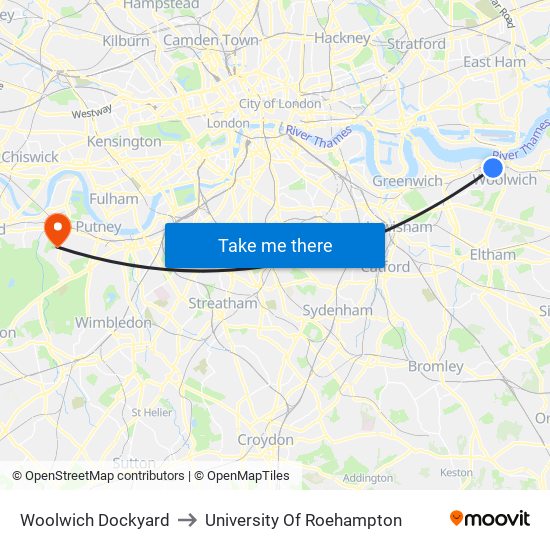 Woolwich Dockyard to University Of Roehampton map