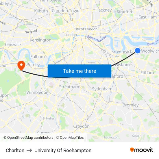 Charlton to University Of Roehampton map