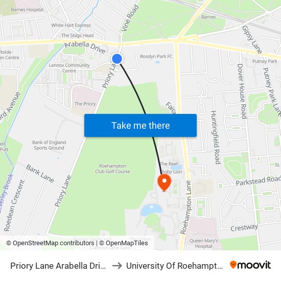 Priory Lane  Arabella Drive to University Of Roehampton map