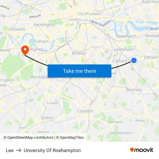 Lee to University Of Roehampton map