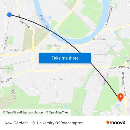 Kew Gardens to University Of Roehampton map