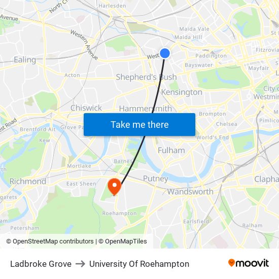 Ladbroke Grove to University Of Roehampton map
