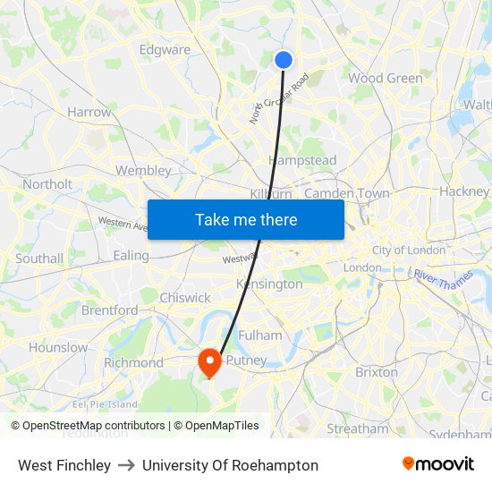 West Finchley to University Of Roehampton map