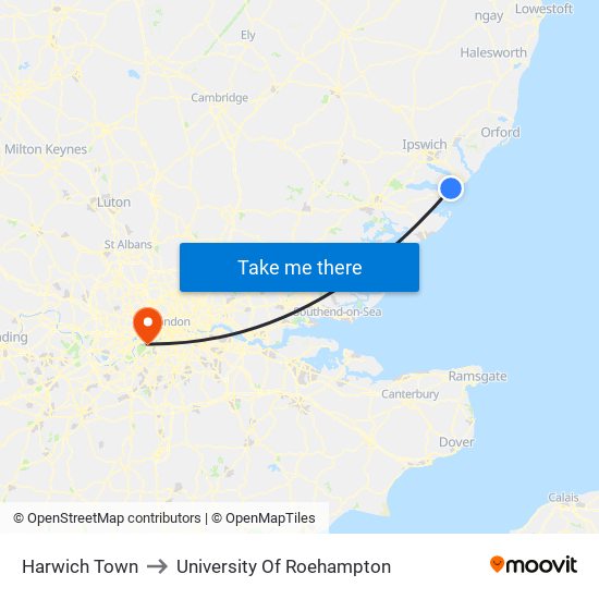 Harwich Town to University Of Roehampton map